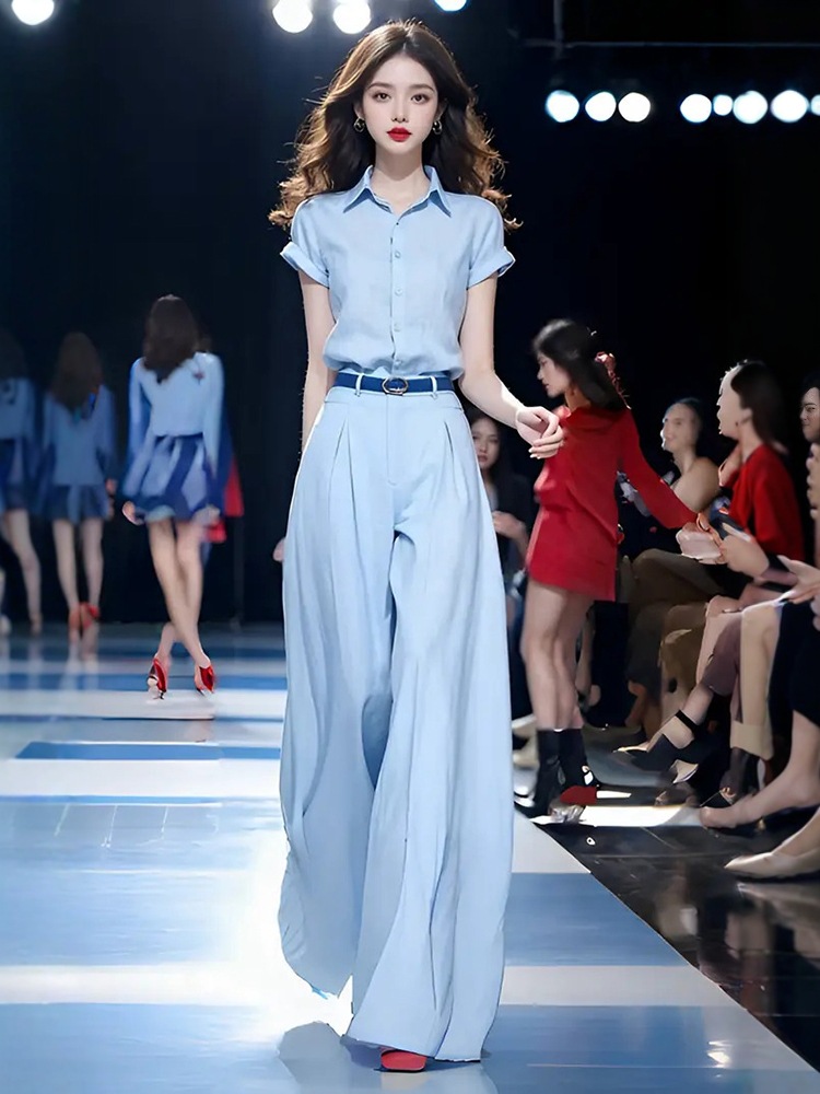 Summer Women's Fashion Elegant Two-piece Set 2025 New Stylish Age-reducing Thin Shirt High Waist Wide Leg Pants suit