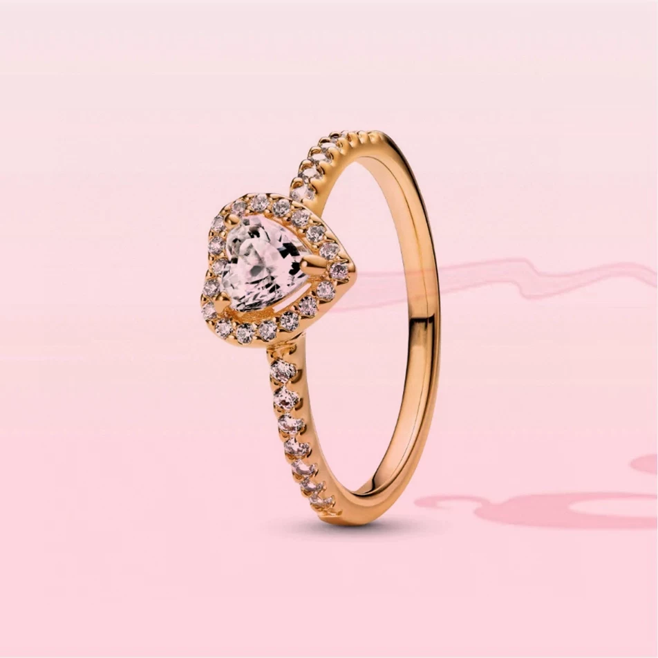 B Ring with Interlaced Multi-Ring Pavé Setting, Single Stone, Rose Gold, Simple and Light Luxury, Heart-Shaped, Valentine's Day Gift for Girlfriend