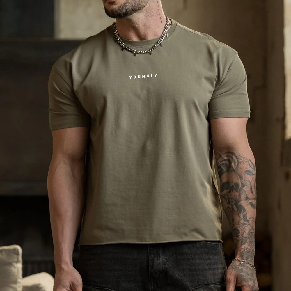 Youngla American New Men's T-Shirt Muscle Sports Fitness Slim Short Sleeve Outdoor Running Training Cotton T-Shirt