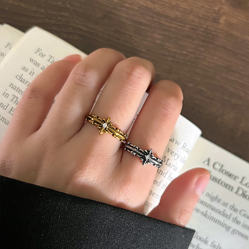Lanzhi European and American Retro Cross Ring for Women, New Adjustable 925 Silver Ring, Simple Cross-Border Jewelry for Men