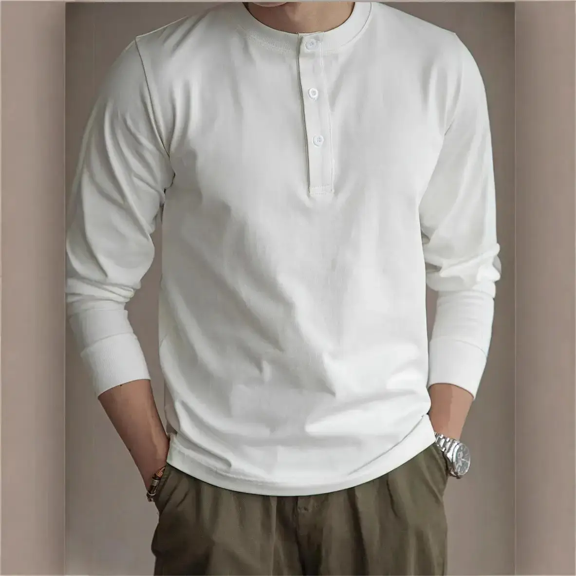Long Sleeve Henley Shirt White