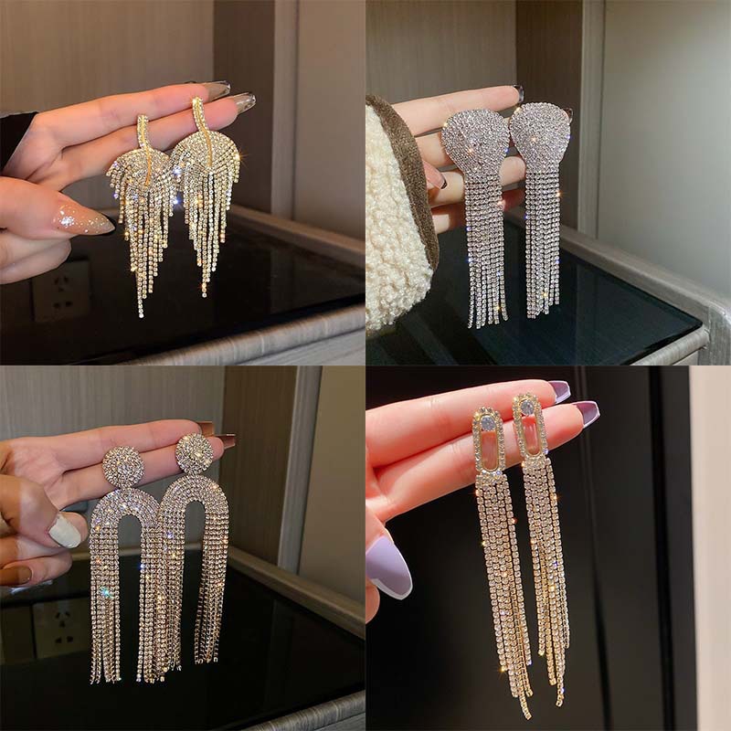 Silver Needle Full Diamond Long Tassel Cold Wind Earrings European and American Exaggerated Personality Internet Celebrity Earrings Trendy Elegant Earrings for Women