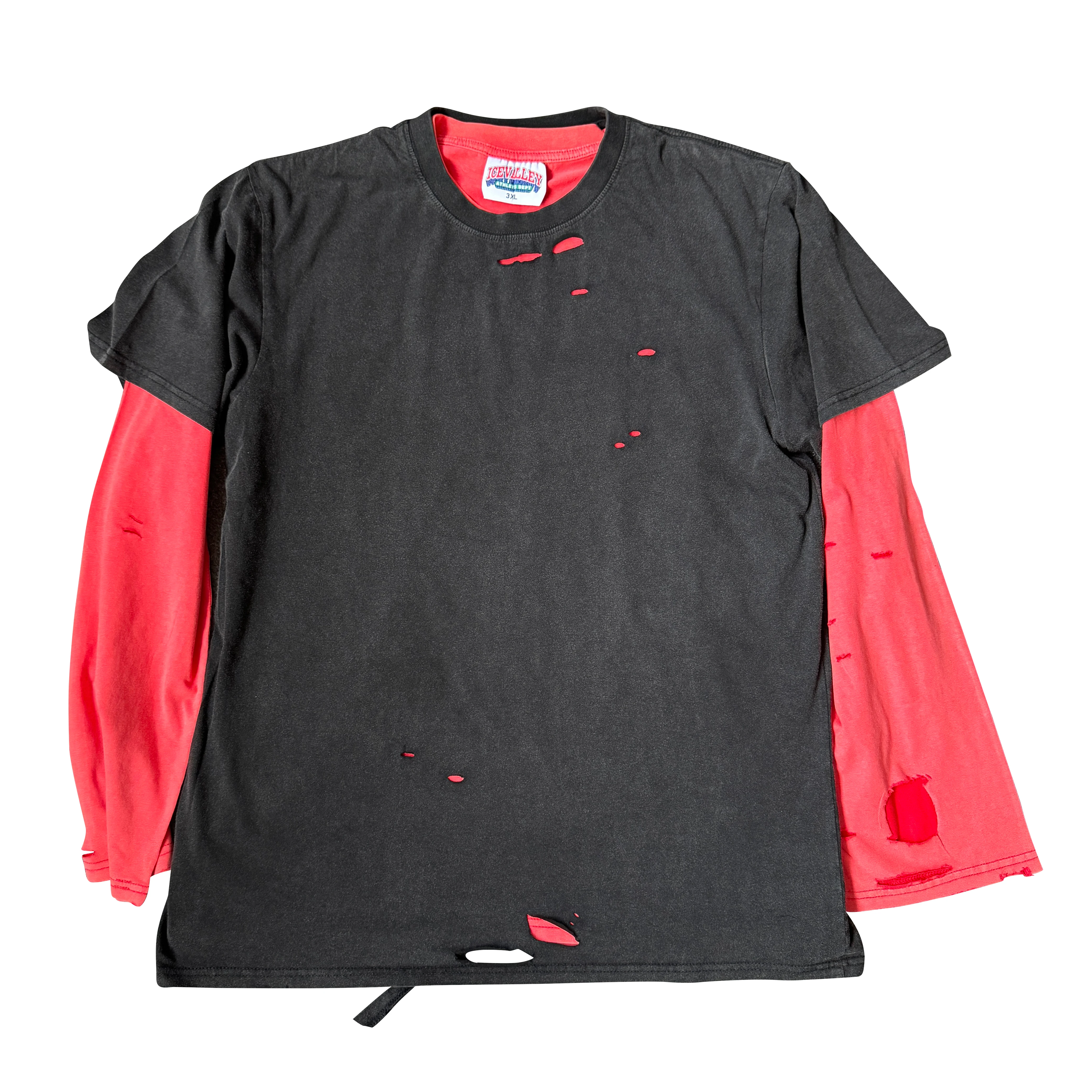 VINTAGE American retro real two piece high-end red and black color long sleeved T-shirt, worn out, washed and damaged top