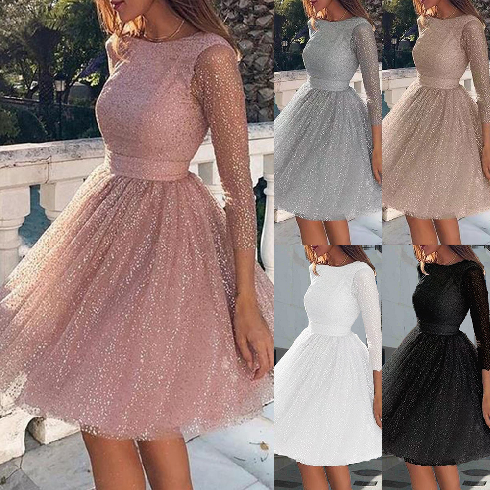 2025 Summer European and American Export New Women's Dress Wish Amazon Round Neck Long-Sleeved See-Through Sexy Dress