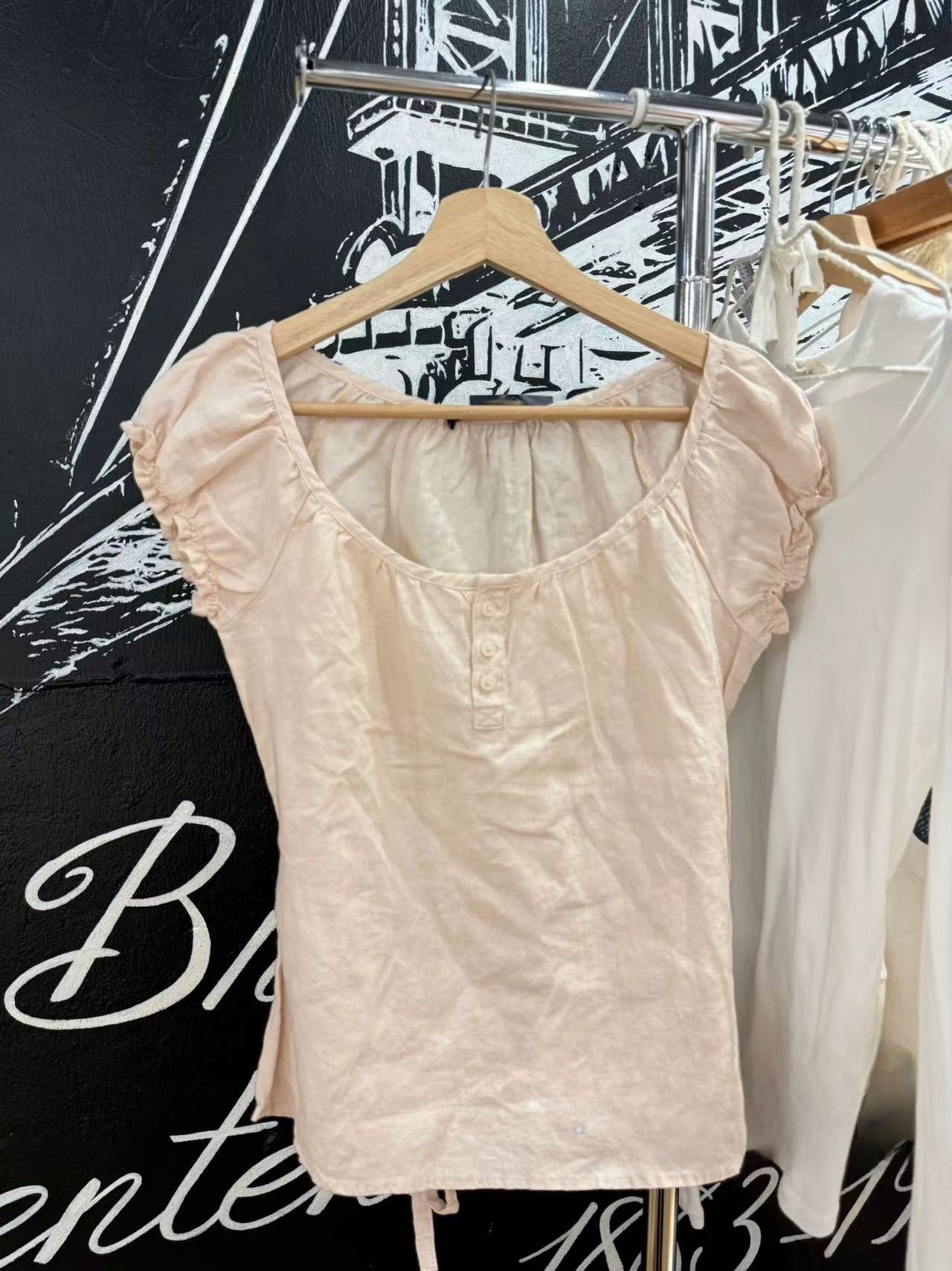 Brandy BM New Sweet Pink Linen Puff Sleeve Short-sleeved Top Women's Bm All-match Slimming Age-reducing T-shirt for Summer