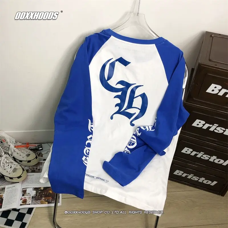 Autumn and winter new base shirt with letter cross contrasting color, shoulder and cow horn sleeves, long tee, personalized street European and American trendy T-shirt