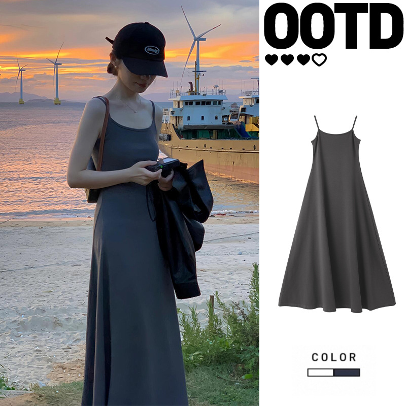 Grey Sling dress Women's Summer Short Seaside Vacation Long Dress Large Skirt Sleeveless Waist A- line Skirt