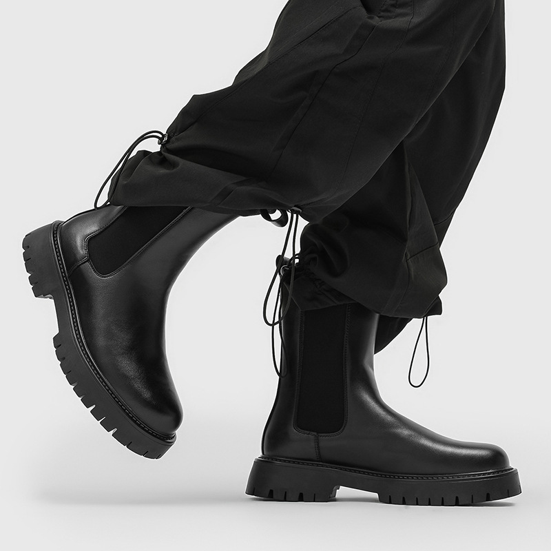 Trendy Men's Casual Leather Boots, British Style Retro Classic Work Boots, European and American Style Chimney Chelsea Boots, Martin Boots