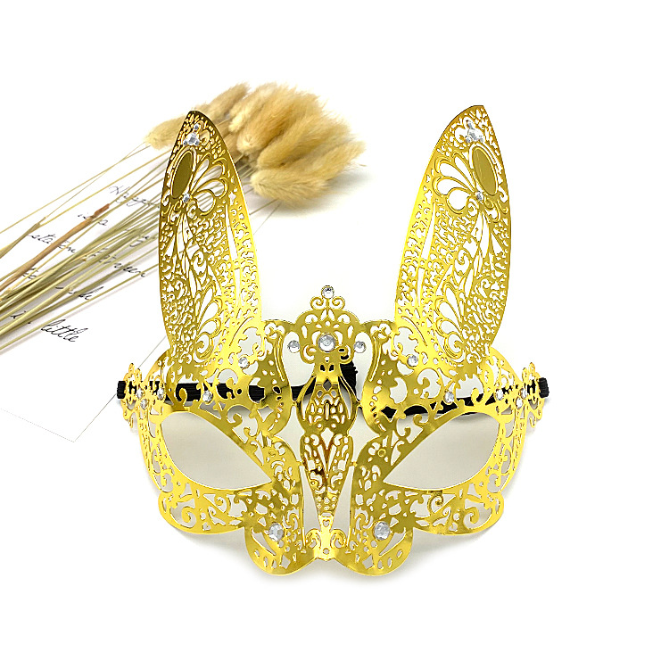 Venice Masquerade Diamond Metal Iron Mask Rabbit Gold Adult Half Face Eye Mask Female Halloween Props