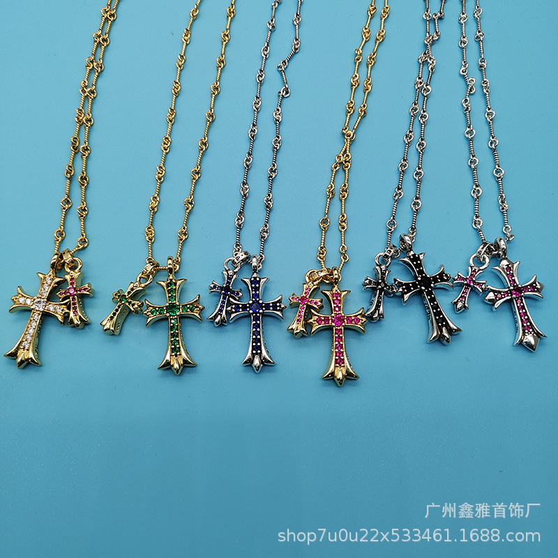 Chkroda New Diamond-encrusted Double Cross Necklace Sydney Same Jewelry Various Color Diamond Vintage Bamboo Chain