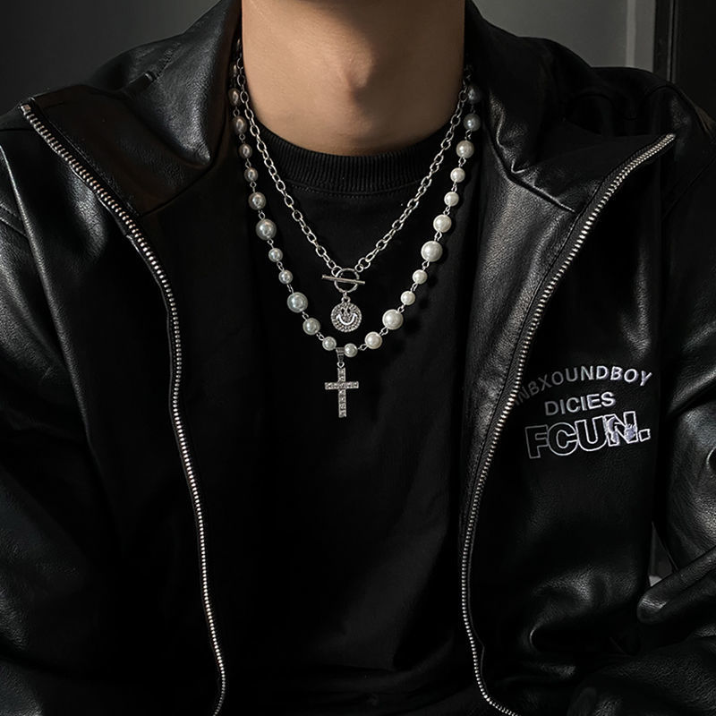 Japanese and Korean ins Cold Style Pearl Necklace Trendy Cool Personality Diamond-encrusted Smiley Cross Pendant Couple Jewelry for Men and Women