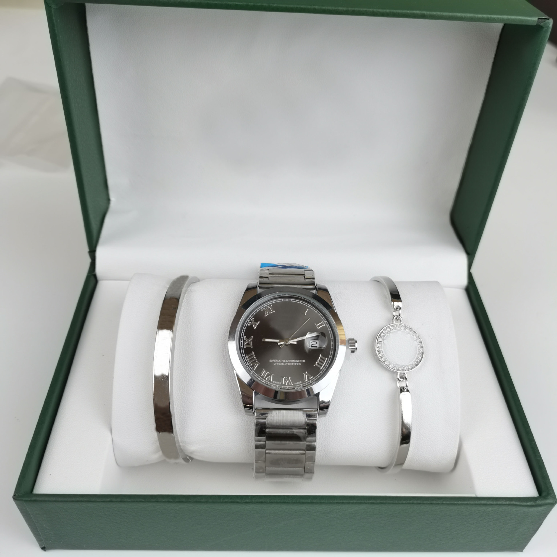 Three-Piece Set Watch Bracelet with Box Wholesale Roman Lettering Men's Quartz Watch Stainless Steel Belt Cross-Border Hot Style