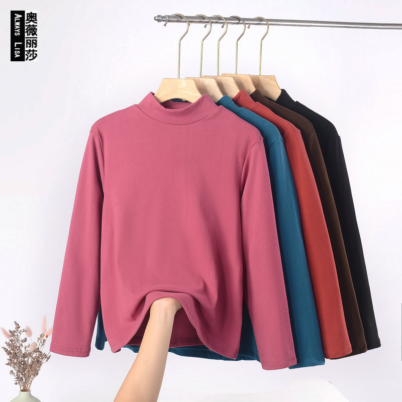 chubby girl Plus Size Women's Half-high Collar Long-sleeved T-shirt Women's Autumn and Winter Loose Korean Base Shirt Solid Color Top