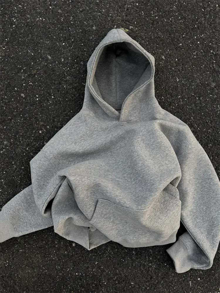 Cleanfit American style vintage gray hooded sweatshirt for men, autumn and winter with plush heavy weight overszie hooded jacket