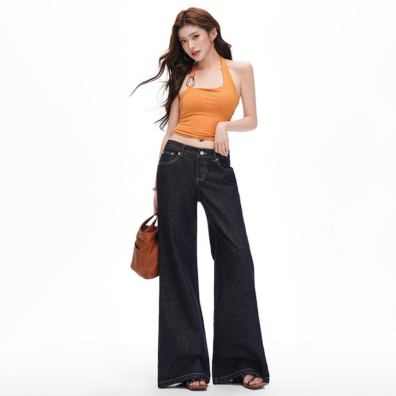 American Retro Wide-Leg Jeans, New Spring/Summer Style, Low-Waist, Slimming, Loose Straight-Leg, Floor-Length Pants, Original Denim Color, Cotton