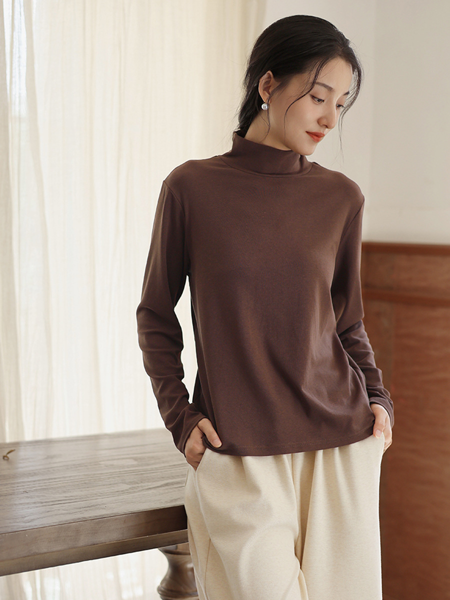 2025 New Autum Women's Half Turtleneck Tencel Cotton and Linen Bottoming Shirt Women's Long-Sleeved Inner Top Dropshipping