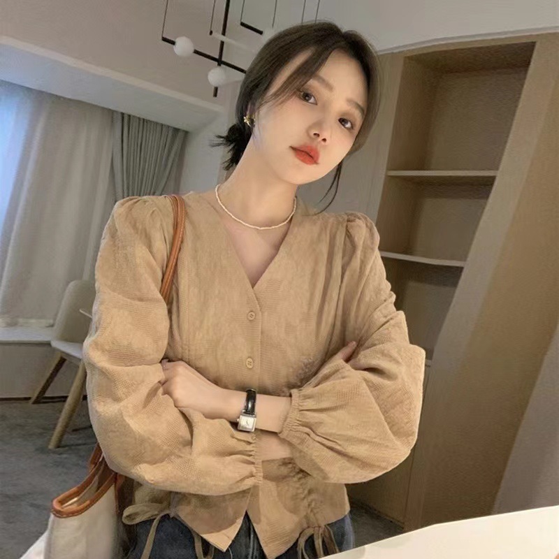 Shirt Spring & Fall New Long-Sleeved Shirt Design Niche New Style French Style Chic V Neck Short Top for Women