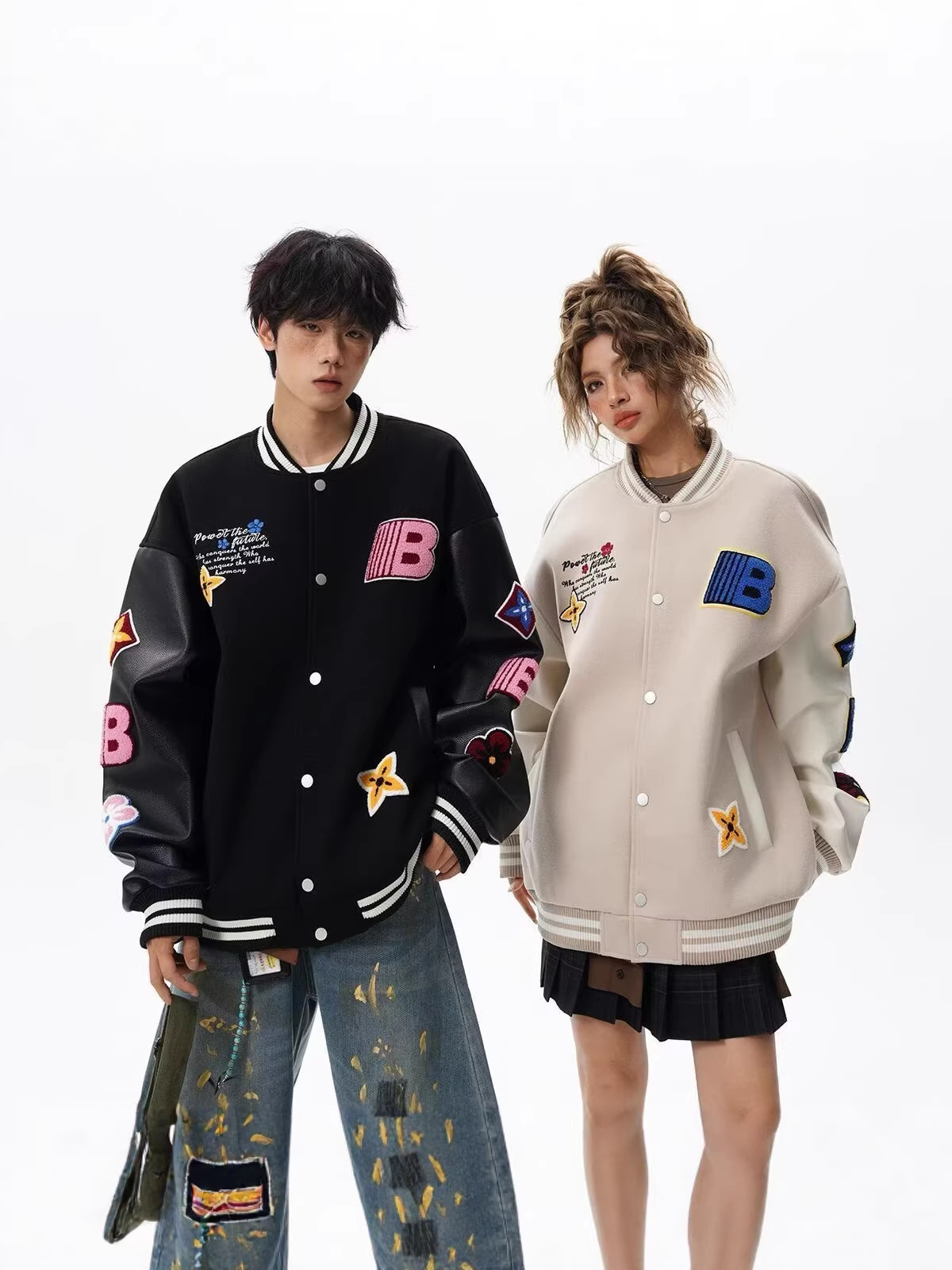 Trendy Couple Outfits, American Retro Leather Patchwork Baseball Jackets, Embroidered New Bomber Jackets for Young Men and Women
