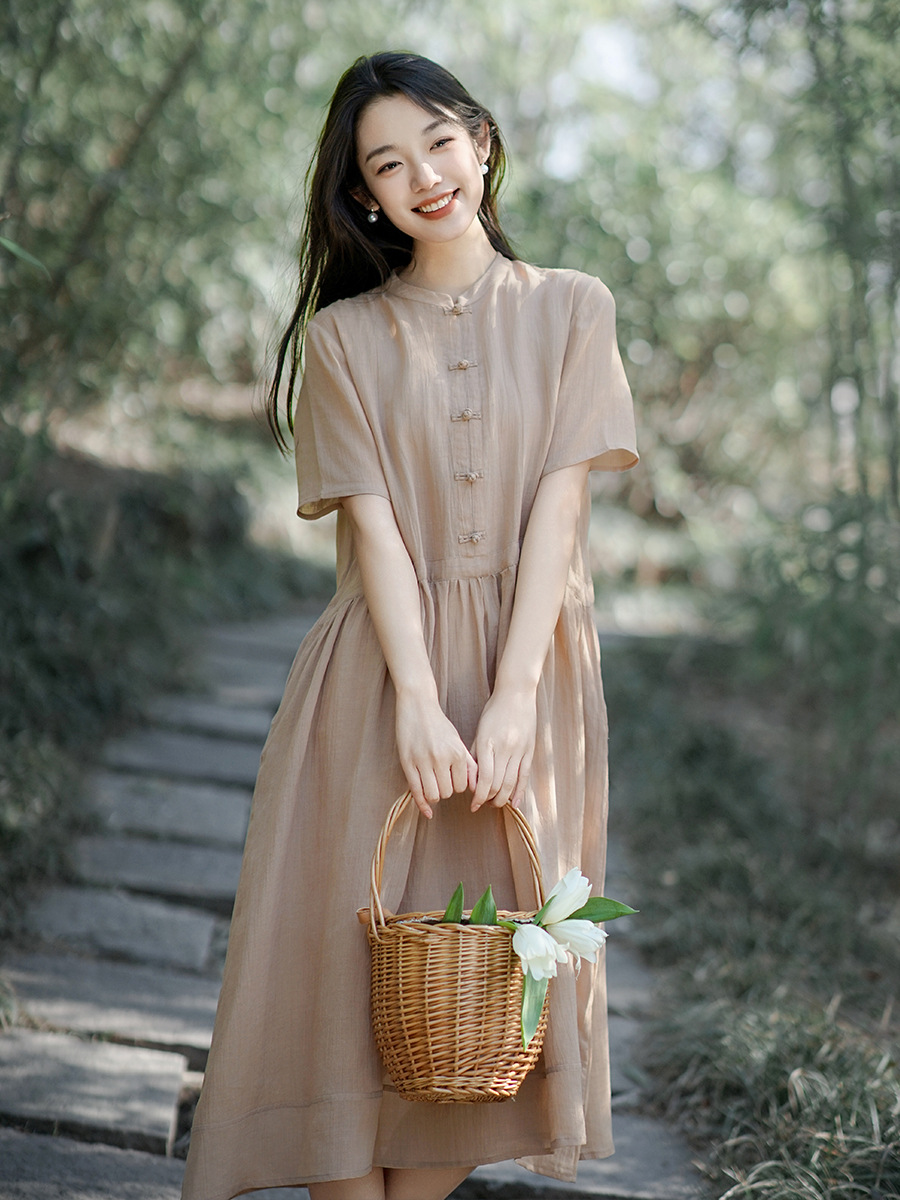 2025 summer new women's Tencel ramie dress new Chinese buckle high waist retro dress a generation of hair