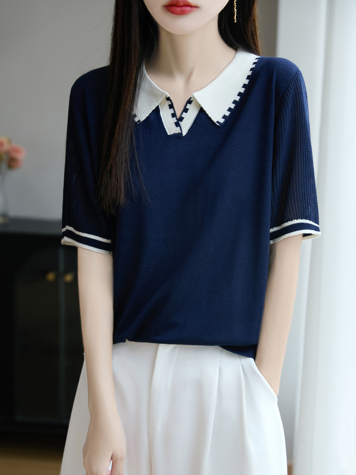 French Simple Lyocell Tencel Lapel Color-Blocked Knitted Short-Sleeved Women's 25 Summer Thin Versatile Three-Quarter Sleeve Top
