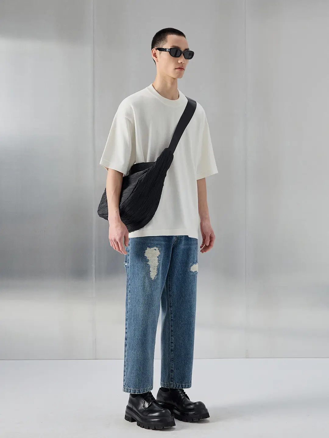 [Nans] 12Oz Siro Spinning Denim Retro Worn Looking Washed-out Hole & Patch Design Straight-leg Nine Points/Shorts