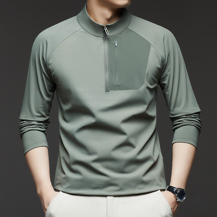 Long-Sleeved T-Shirt for Men, Half-Zip Stand-Up Collar, Loose, Solid Color, Casual, Fashionable, Versatile, Young and Middle-Aged Tops, New Spring Style