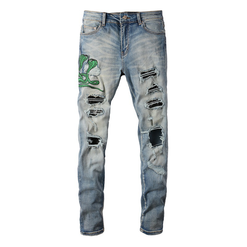 Ripped Jeans for Men with Personalized Embroidered Snake Pattern and Snakeskin Patch, Stretchy Slim-Fit Men's Long Pants 6561