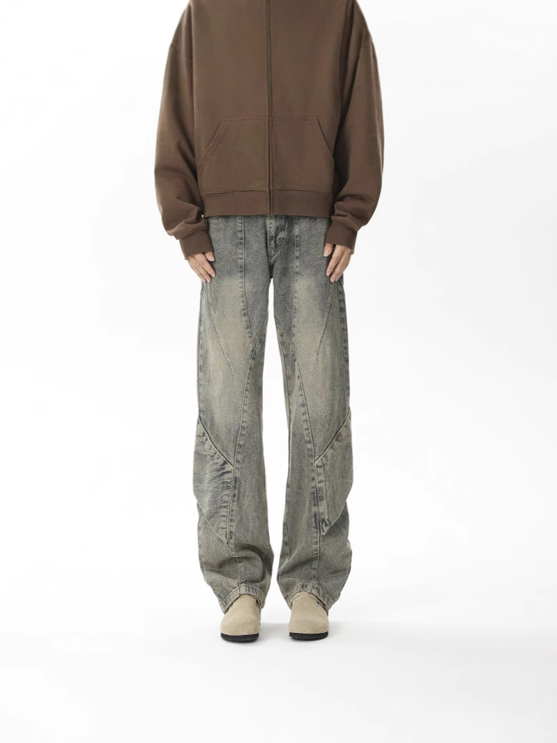 Straight-Leg Jeans for Men, Youth Casual Pants, American High Street Style, Slightly Flared, Washed Denim, Men's Vintage Pants