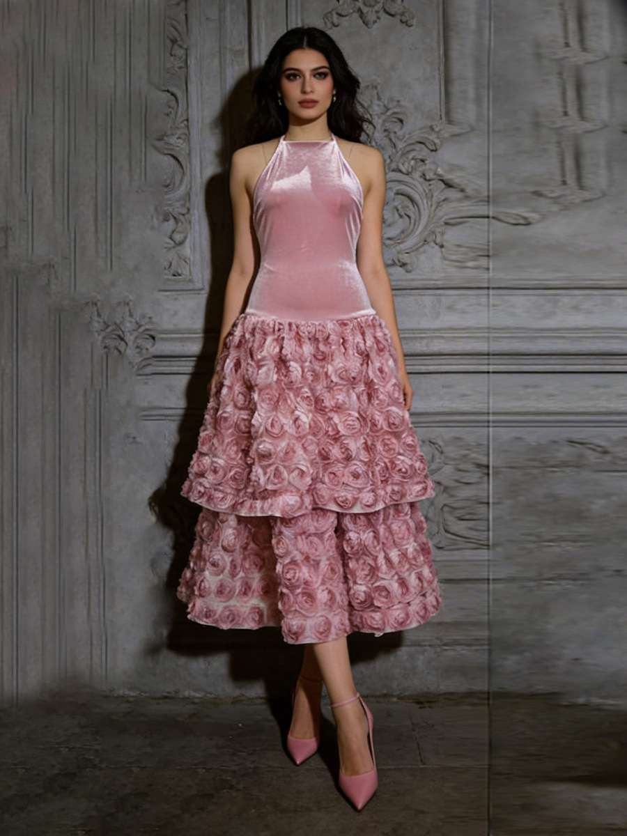 Velvet Patchwork Sweet French-Style Lace-Up Backless Long Dress with Three-Dimensional Floral Decoration, New Summer 2026 Women's Dress