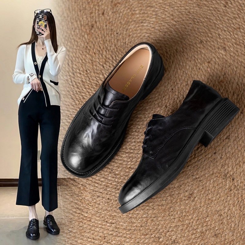 Zhr [First Layer Sheepskin] Retro British Style Single Shoes 2026 Spring New Thick-Soled Height-Increasing Women's Leather Shoes