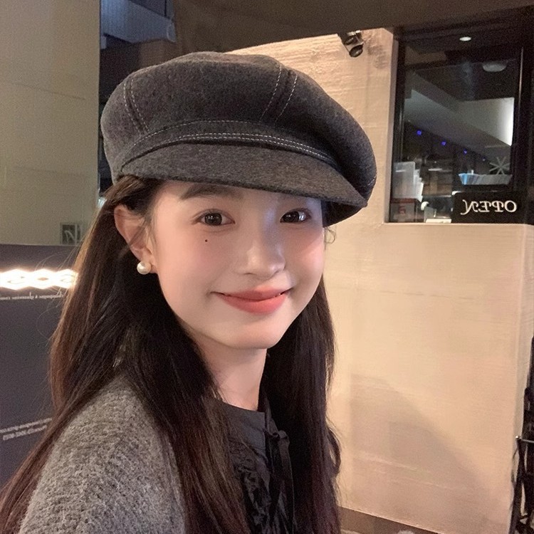 Wool Hat Children's Autumn and Winter 2024 New Duck Tongue Beret Retro Octagonal Hat Big Head Wai Face Small Newsboy Hat