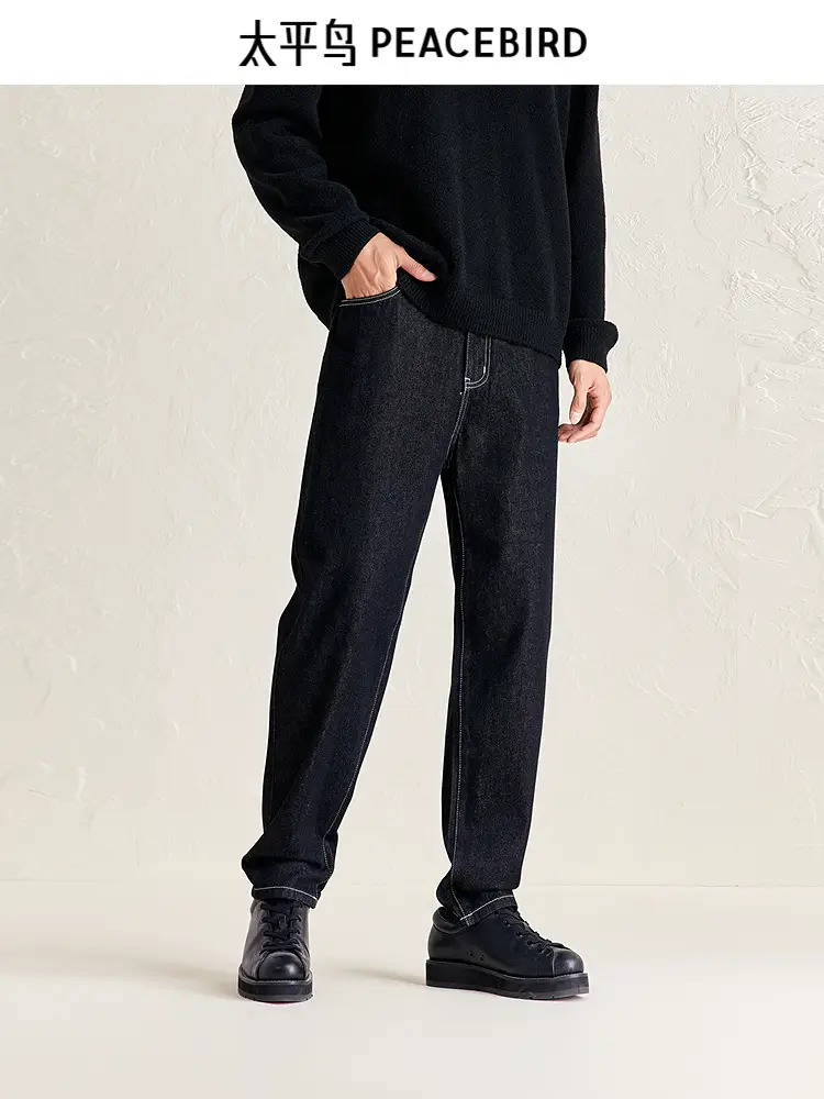 Peacebird Men's Wear Denim 24 Winter New arrival Washed Black Denim Topstitch Design Mid-Waist Tapered Pants Trendy