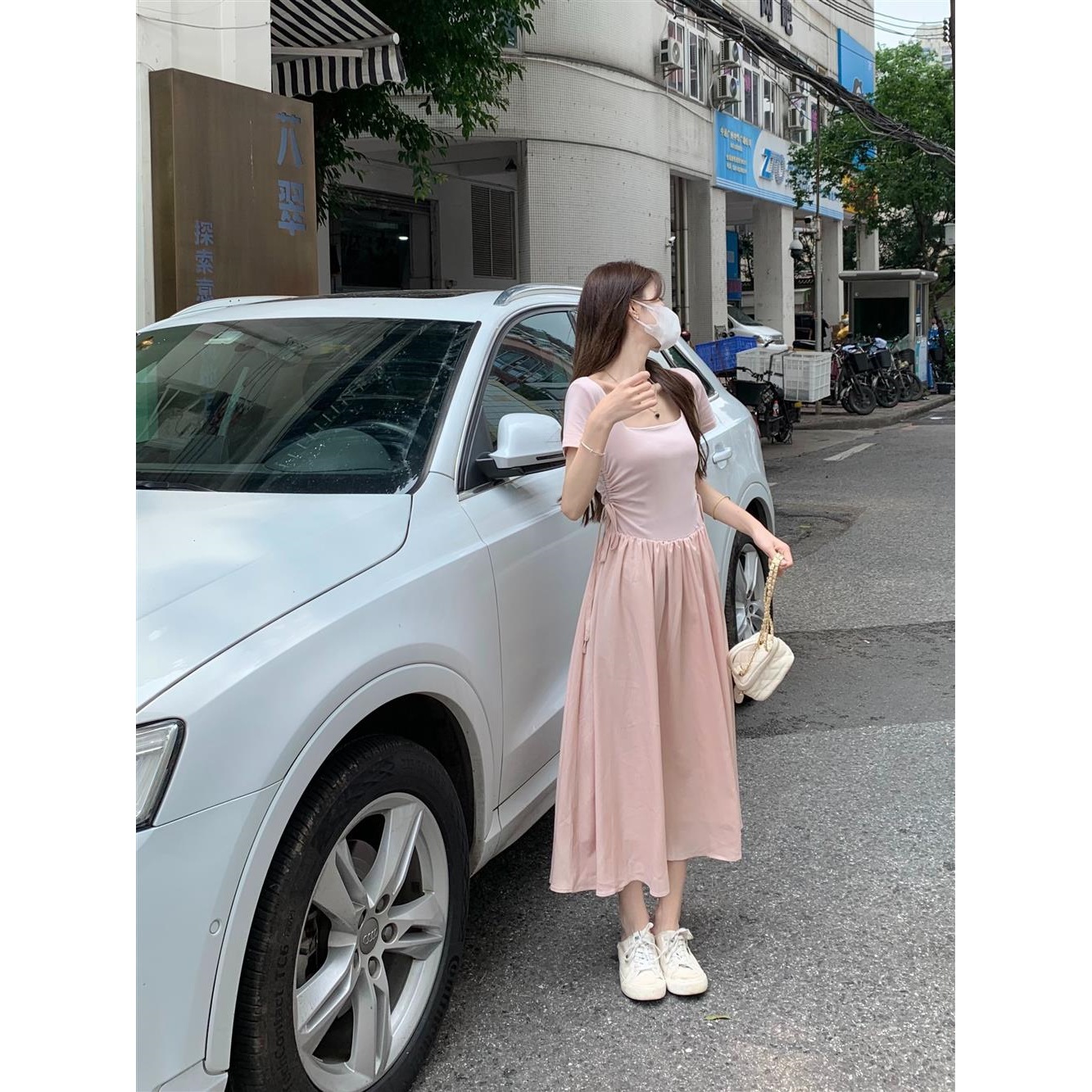 Summer Short-Sleeved Pink Girl's Dress 2026 Square-Neck Side Drawstring Tie Waist Slimming Gentle Mid-Length Dress