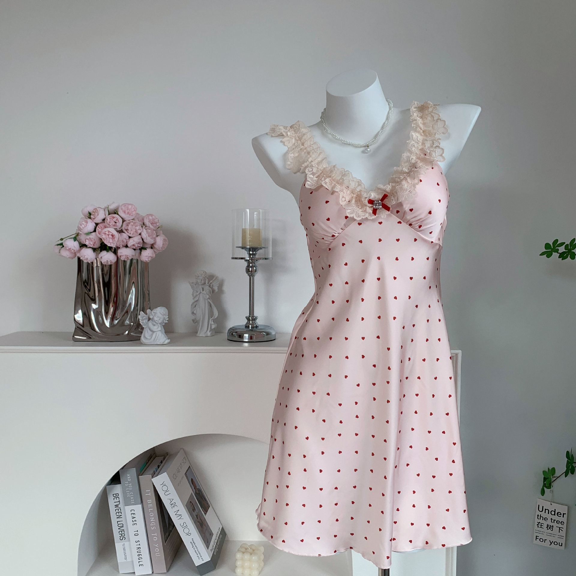 [Love Bubble] French Sling dress Ice Silk Nightdress Pink Love Lace Girl Summer Thin