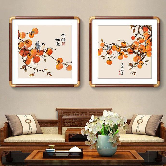 Persimmon Auspiciousness: New Chinese-Style Decorative Painting with Persimmons Symbolizing Good Fortune, Suitable for Hanging in the Living Room Entrance or Placing on a Tabletop or Counter, with a Zen-Inspired Aesthetic