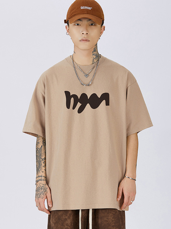 Mingge | Japanese Printed Loose Shoulder Crewneck Short Sleeve Top Men's ins Fashionable Puffian Handsome Simple Casual T-Shirt