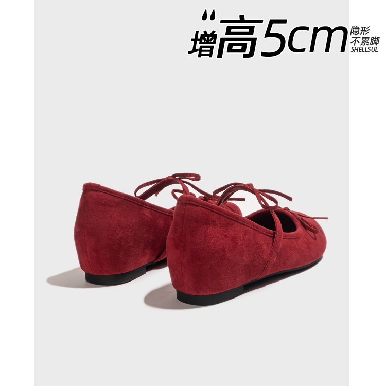 In Stock~ Comfortable Red 5cm Invisible Height-Increasing Mary Jane Shoes for Women, Gentle Ballet Flats for Petite Individuals