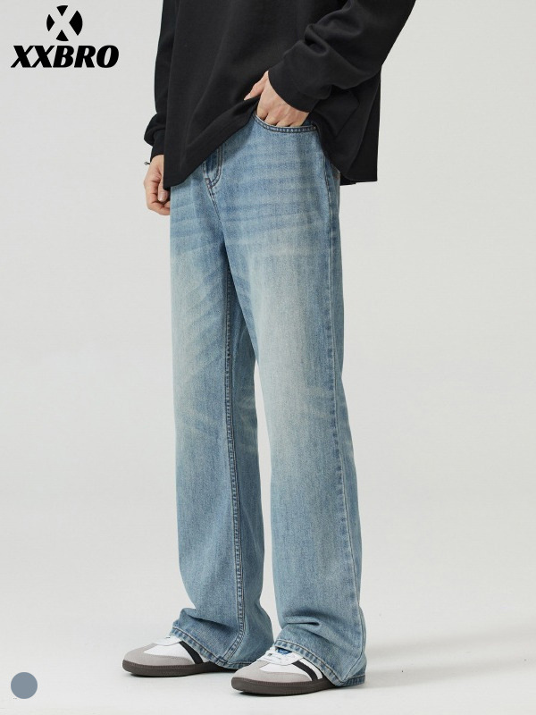Muxi Clothing # American High Street Style Floor-Length Trendy Brand Washed Vintage Light Blue Slim-Fit Flared Casual Jeans for Men.