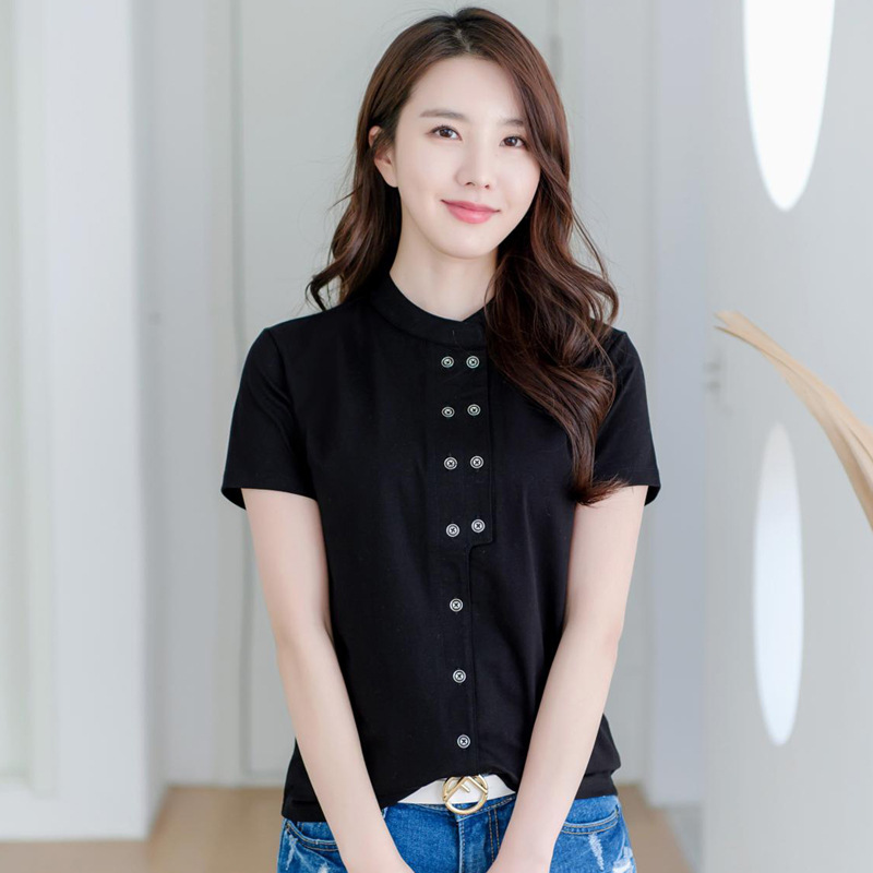 Spring Double-breasted Shirt Half-high Collar Straight Women's Shirt Cardigan Short-sleeved T-shirt Fashionable Korean-style 6752