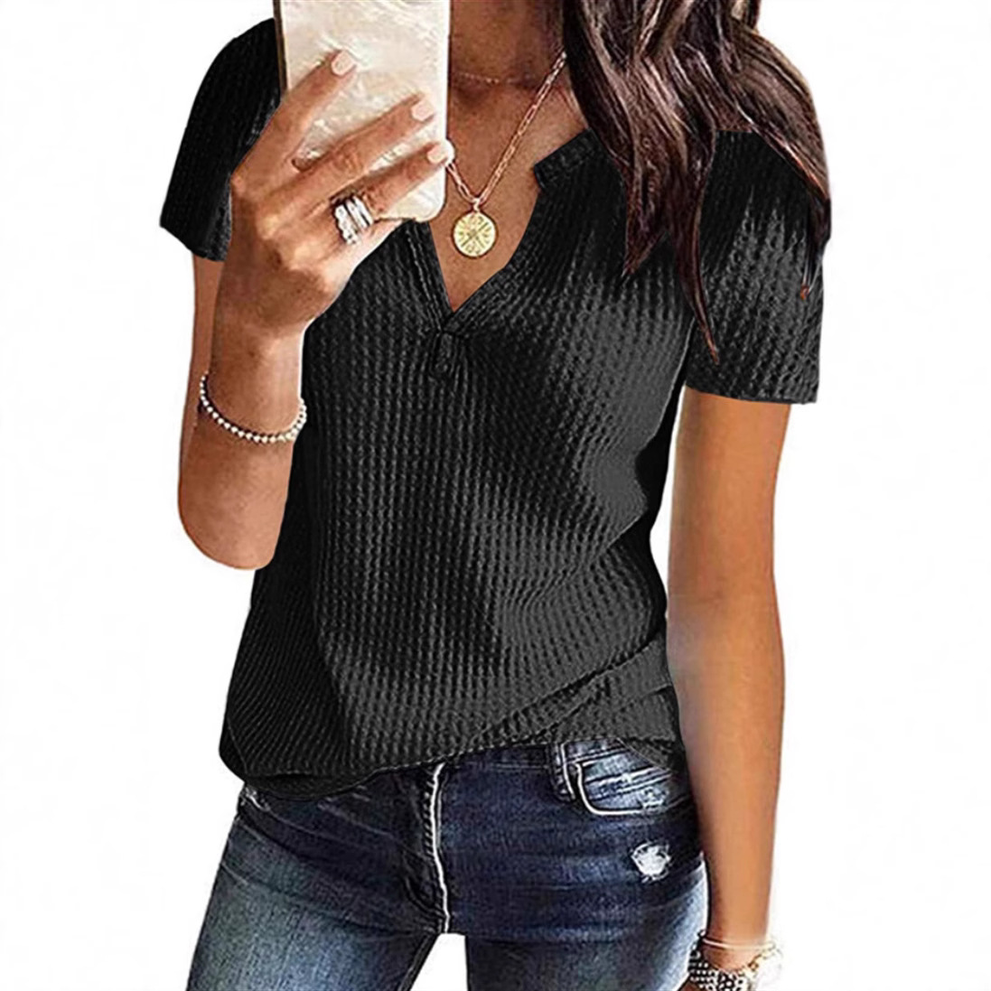 2023 Spring and Summer New Amazon Pure Color Short-Sleeved V Neck Waffle Top European and American Export Women's Clothing Factory Direct Sale