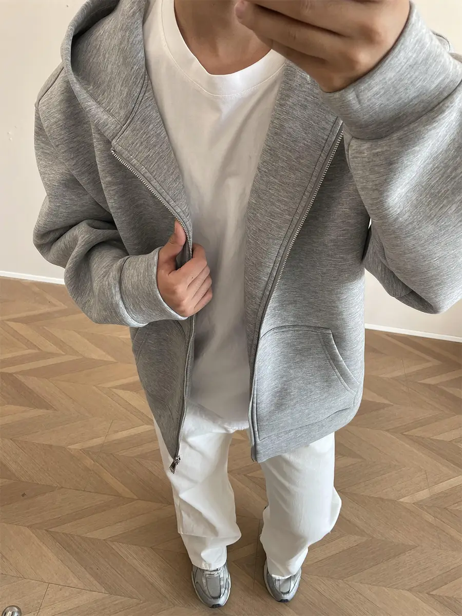 Light Gray Cardigan Hooded Sweatshirt for Men, Autumn and Winter, Fleece-Lined, Thick, Oversized Jacket, High-End Zipper Heavyweight Jacket