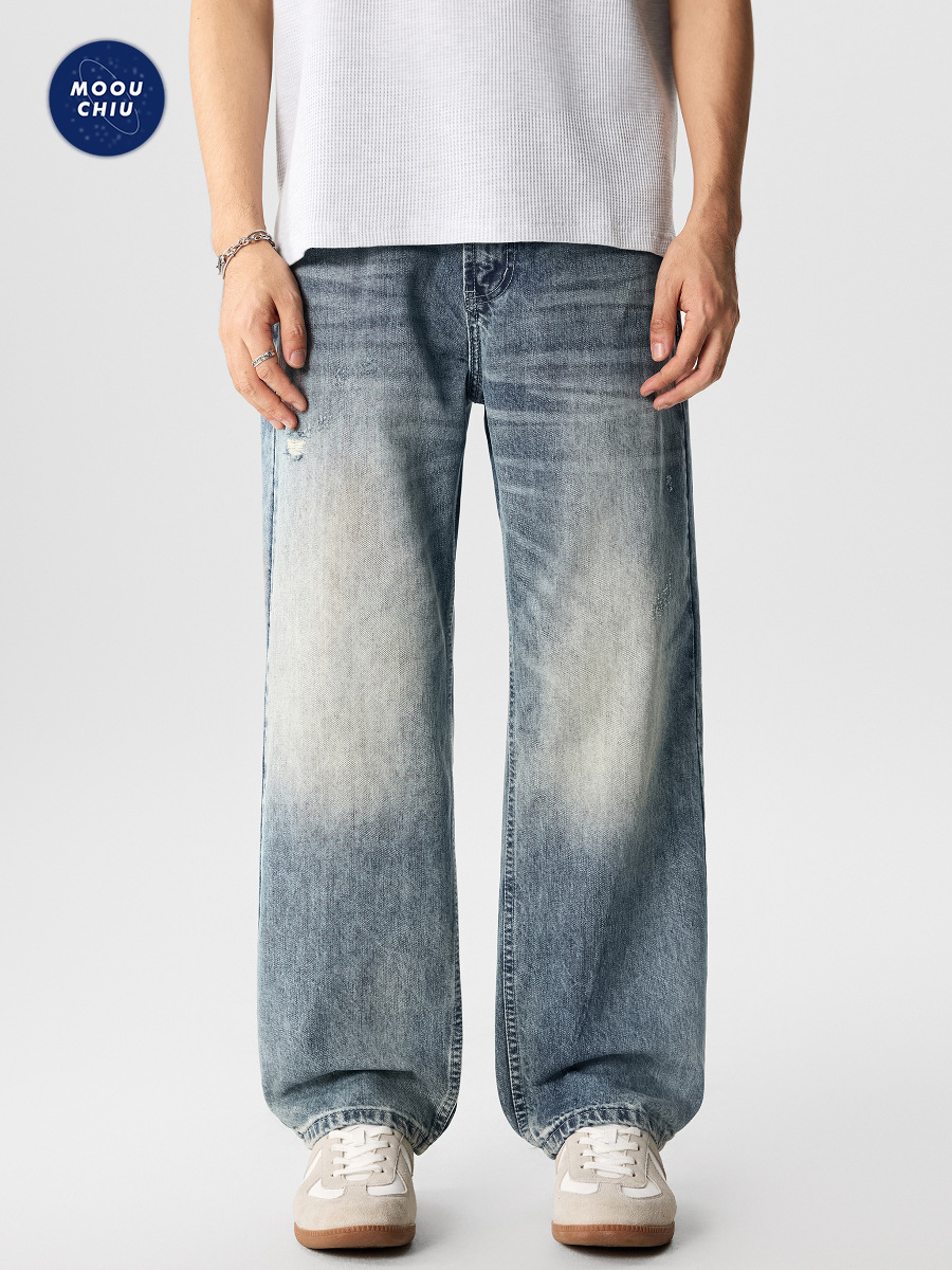 Muuqiu Men's Clothing | Summer New Trendy American Style Washed Ripped Jeans for Men Cleanfit Long Pants
