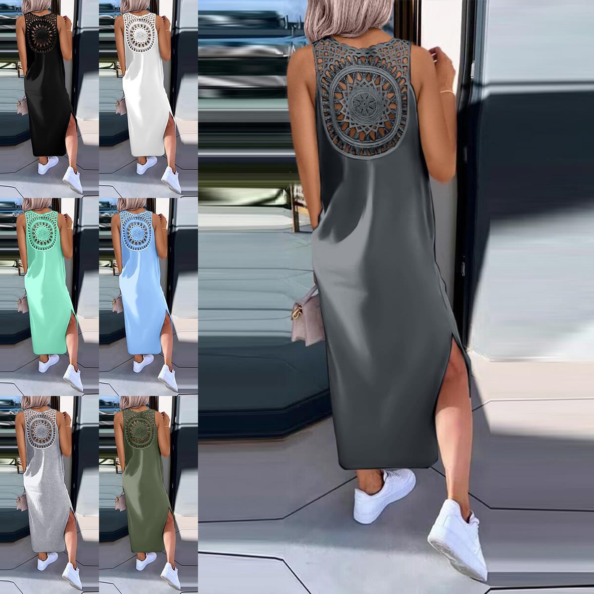 Dress Summer Women's Cross-Border New Amazon Aliexpress Solid Color Back Lace Sleeveless Vest Dress for Women