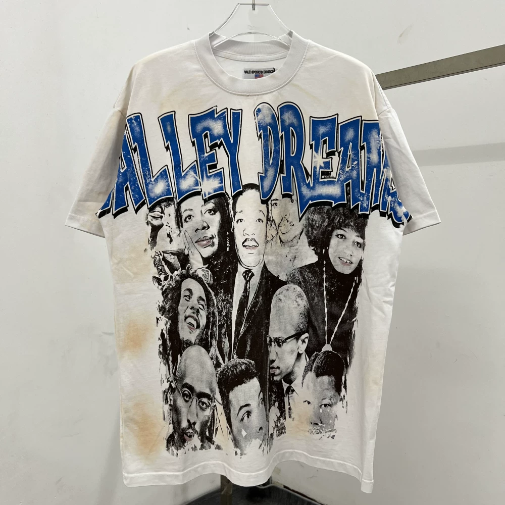 High quality ValeForever American retro figure print men's and women's loose casual washed distressed short sleeved T-shirt