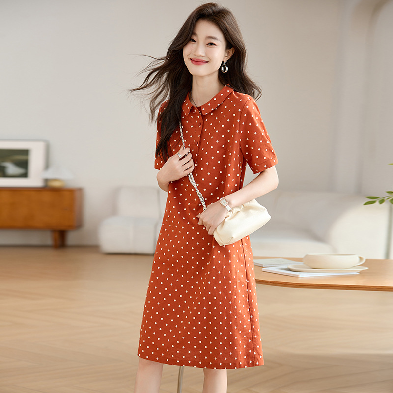 Literature and Art Fan 2025 Summer New Cotton and Linen dress Women's Loose Western Style Casual Lel High-end Belly Covering Wave Dot