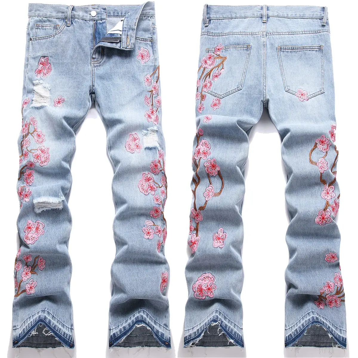 Cross-border supply of young men's micro-Denim European and American street fashion ins blue plum blossom embroidery micro-pants