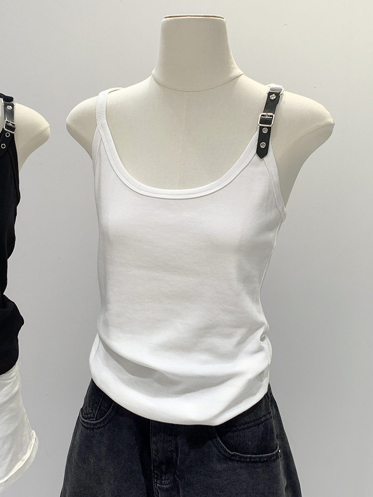 European and American Hot Chic Niche Unique Leather Buckle Shoulder Strap Sleeveless I-shaped Vest Women's Summer Outer Wear American Style Hot Girl Top