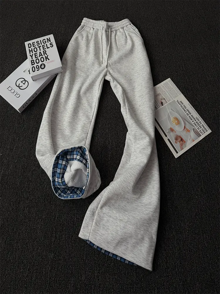 Plaid Rolled Hem Heavyweight Fleece-Lined Sweatpants for Men, Winter Northeast Cold-Proof Thickened Straight-Leg Casual Pants, Slightly Flared Sports Pants