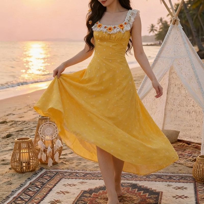 French Pastoral Style Yellow Lace Suspender Dress with Three-Dimensional Flowers, Youthful Seaside Vacation Style Long Dress for Women