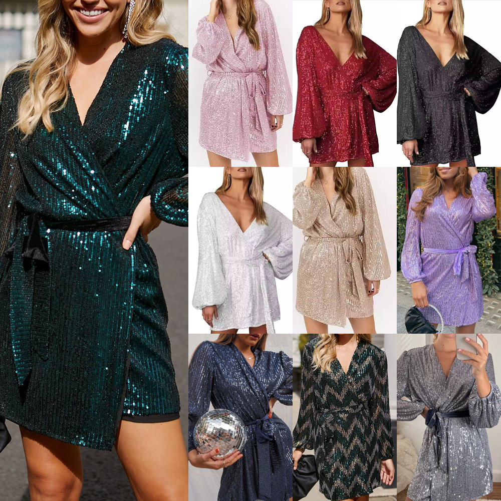 2025 New Arrival Sequin Mini Wrap Dress Women's V-Neck Long Sleeve Puff Sleeve Flash Wrap Around Party Costume